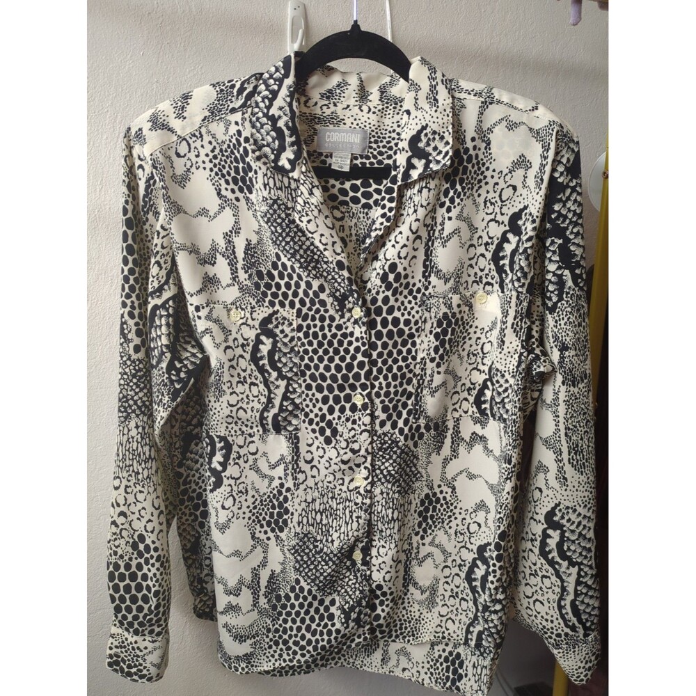 Cornani Collection Women Blouse Black White Snake Print Button Down, Size 14